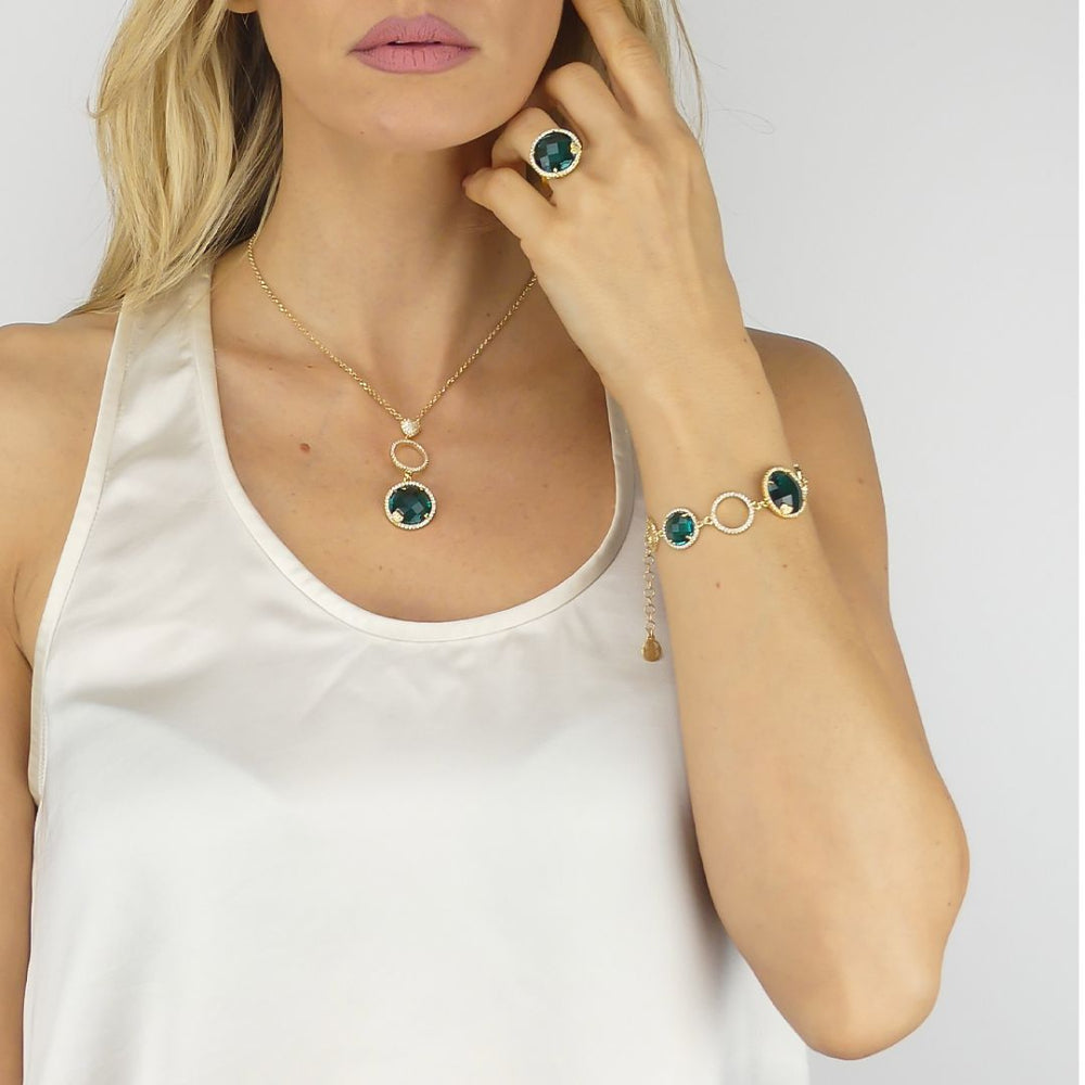 Shop online premium gold plated necklace with heart and circle CZ design and green tourmaline crystal pendant.