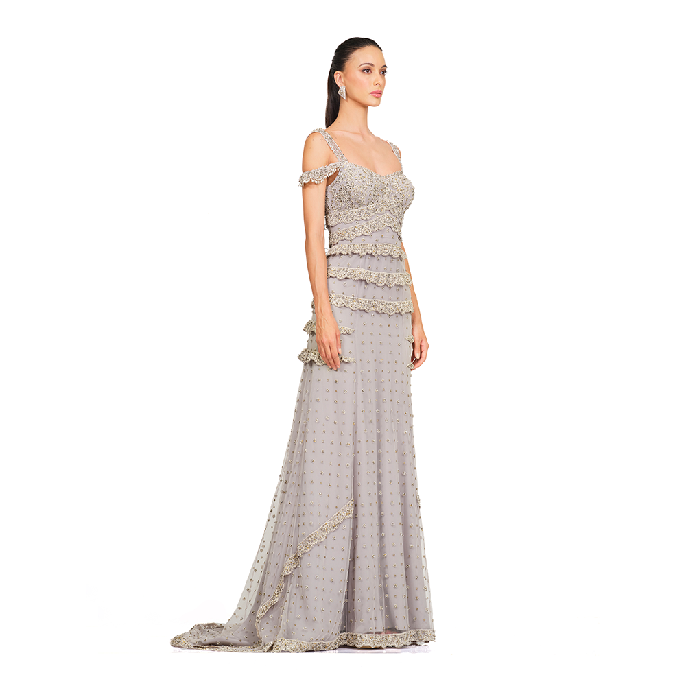 Signature Cord work l Sequin Embroidery l Sweetheart neck l Ruffle detailing on hips l Floor Sweeping trail
