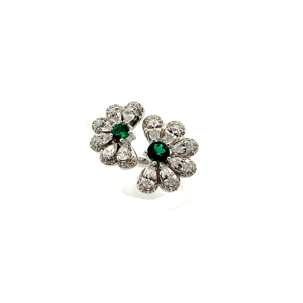 Shop online premium emerald flower ring with cubic zirconia stones in elegant sterling silver.