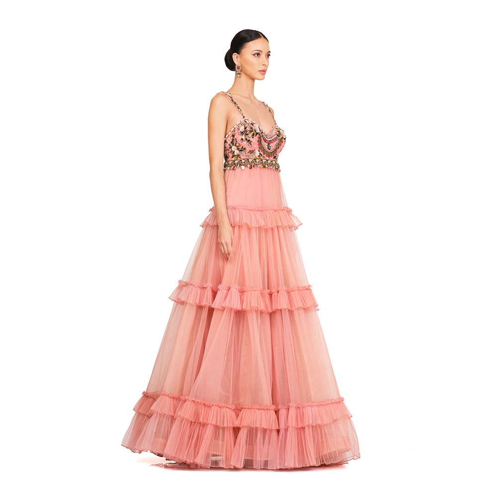 Patchwork embroidery bodice with straps l Frill bottom.