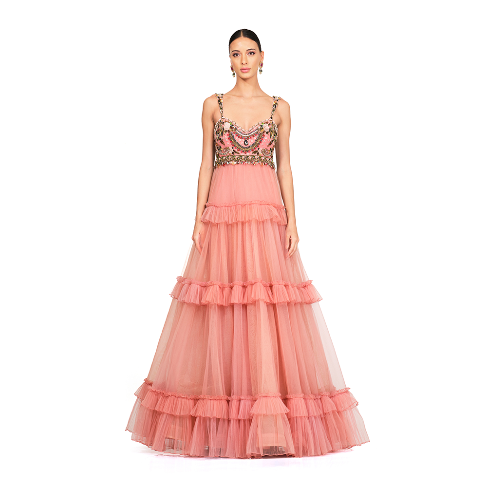 Patchwork embroidery bodice with straps l Frill bottom.