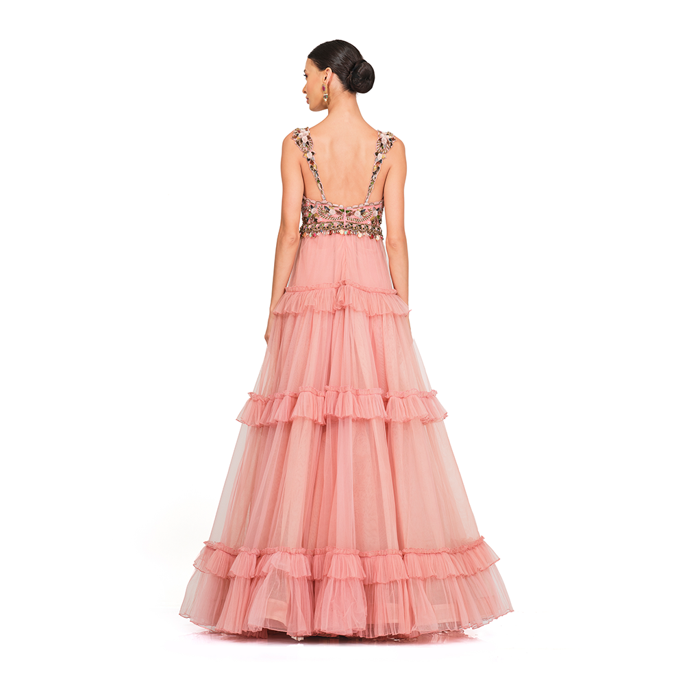 Patchwork embroidery bodice with straps l Frill bottom.