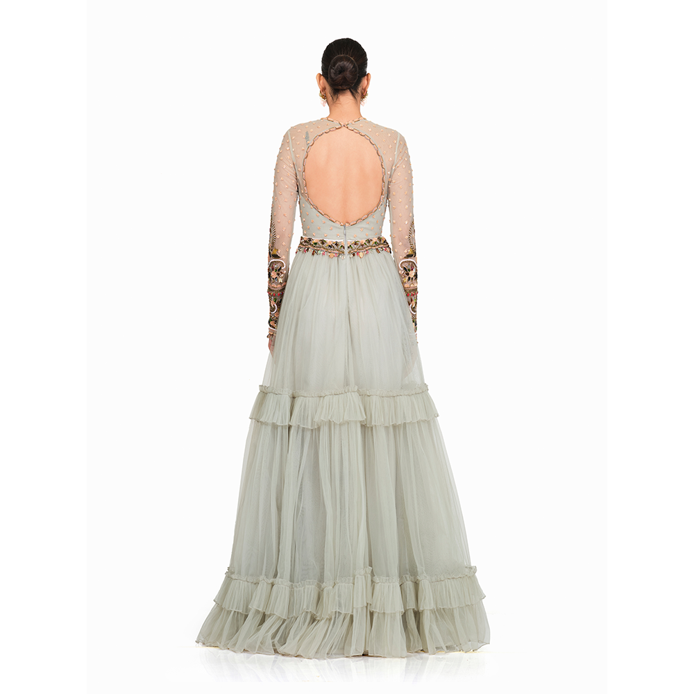 Patch Work Embroidery with tassel on sleeves l Keyhole back l Round neck l Bottom Frill.