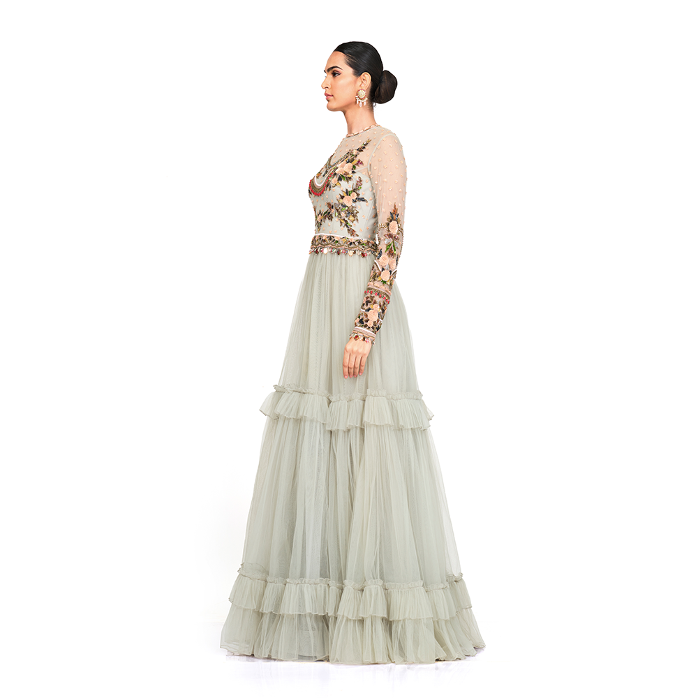 Patch Work Embroidery with tassel on sleeves l Keyhole back l Round neck l Bottom Frill.