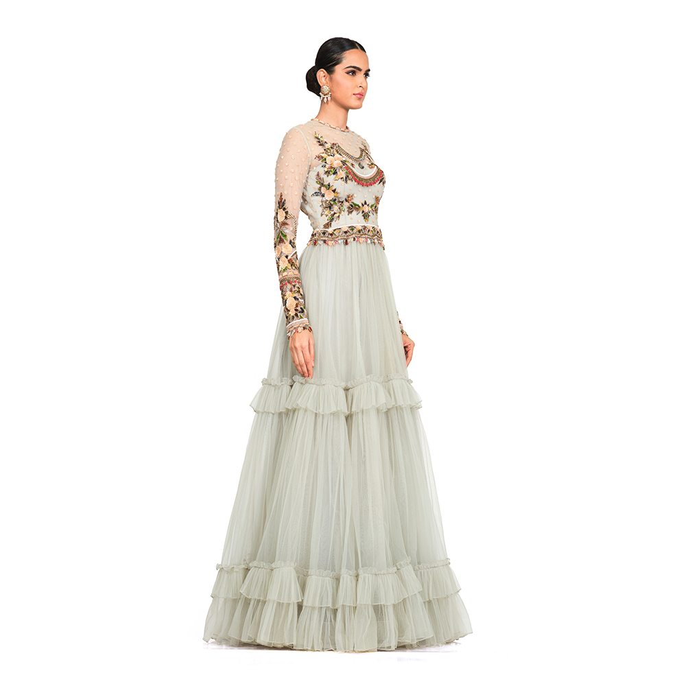 Patch Work Embroidery with tassel on sleeves l Keyhole back l Round neck l Bottom Frill.