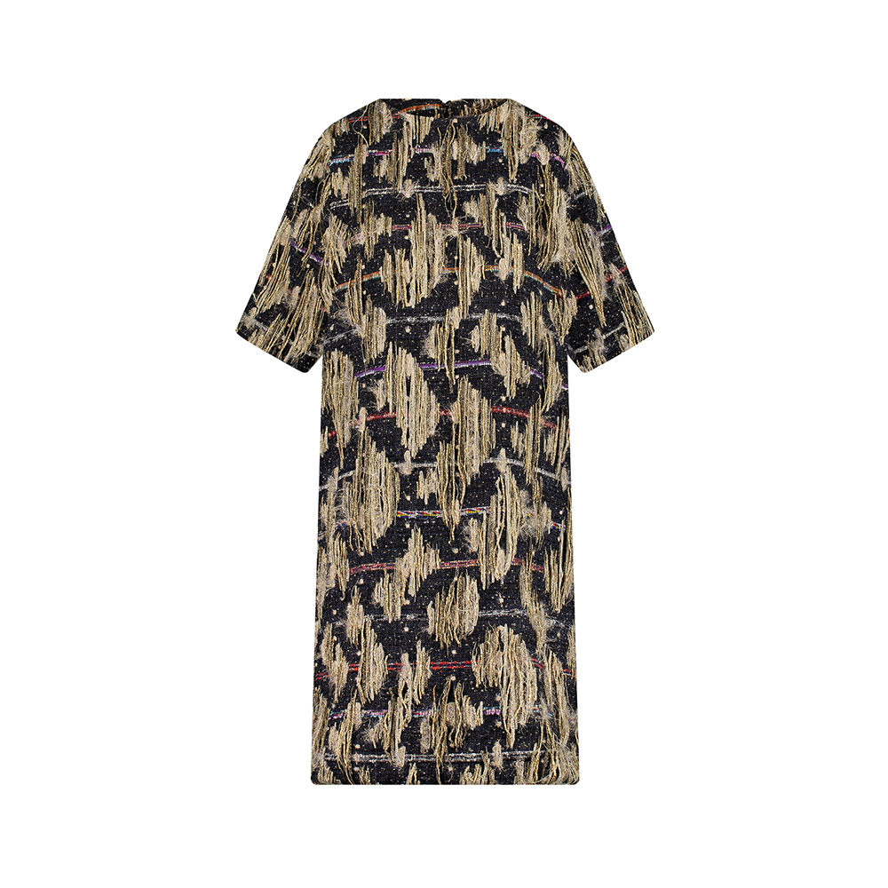 Explore the Hand Weaved With Metallic + Multi Color Threads Denim Tweed Short Dress at our popular women clothing store, The Luxe Maison. Shop Now!