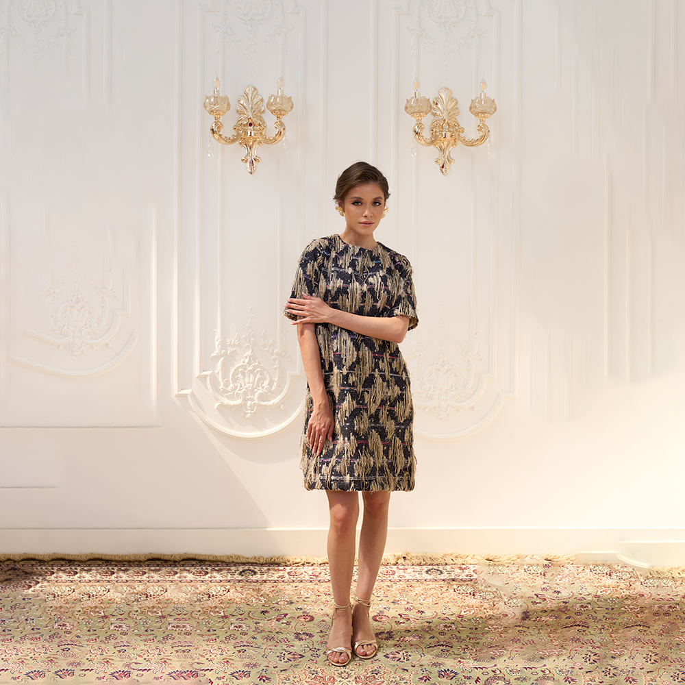 Explore the Hand Weaved With Metallic + Multi Color Threads Denim Tweed Short Dress at our popular women clothing store, The Luxe Maison. Shop Now!