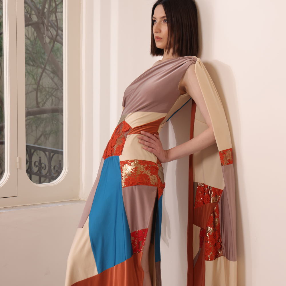 Handmade long patchwork silk jersey off-shoulder dress