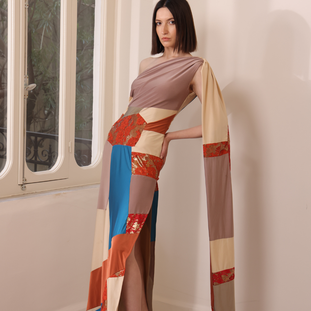 Handmade long patchwork silk jersey off-shoulder dress
