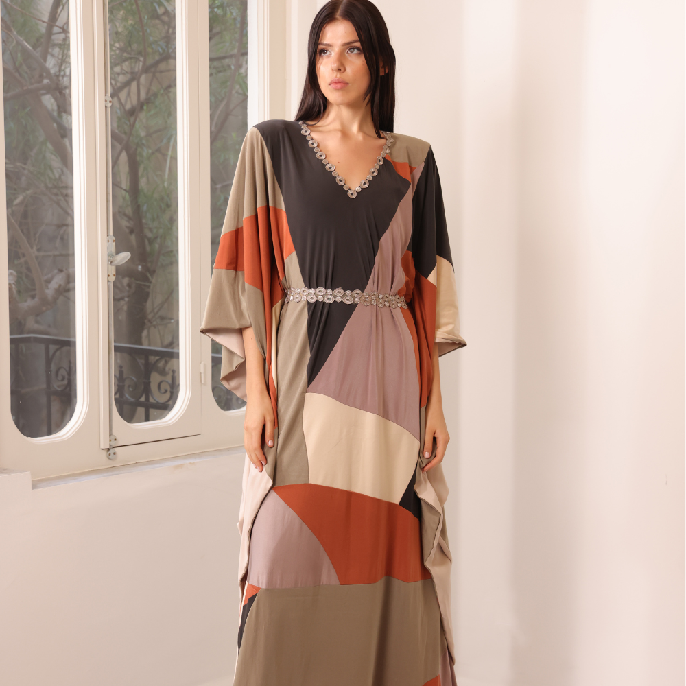 Handmade patchwork silk jersey kaftan dress with gold guipure details
