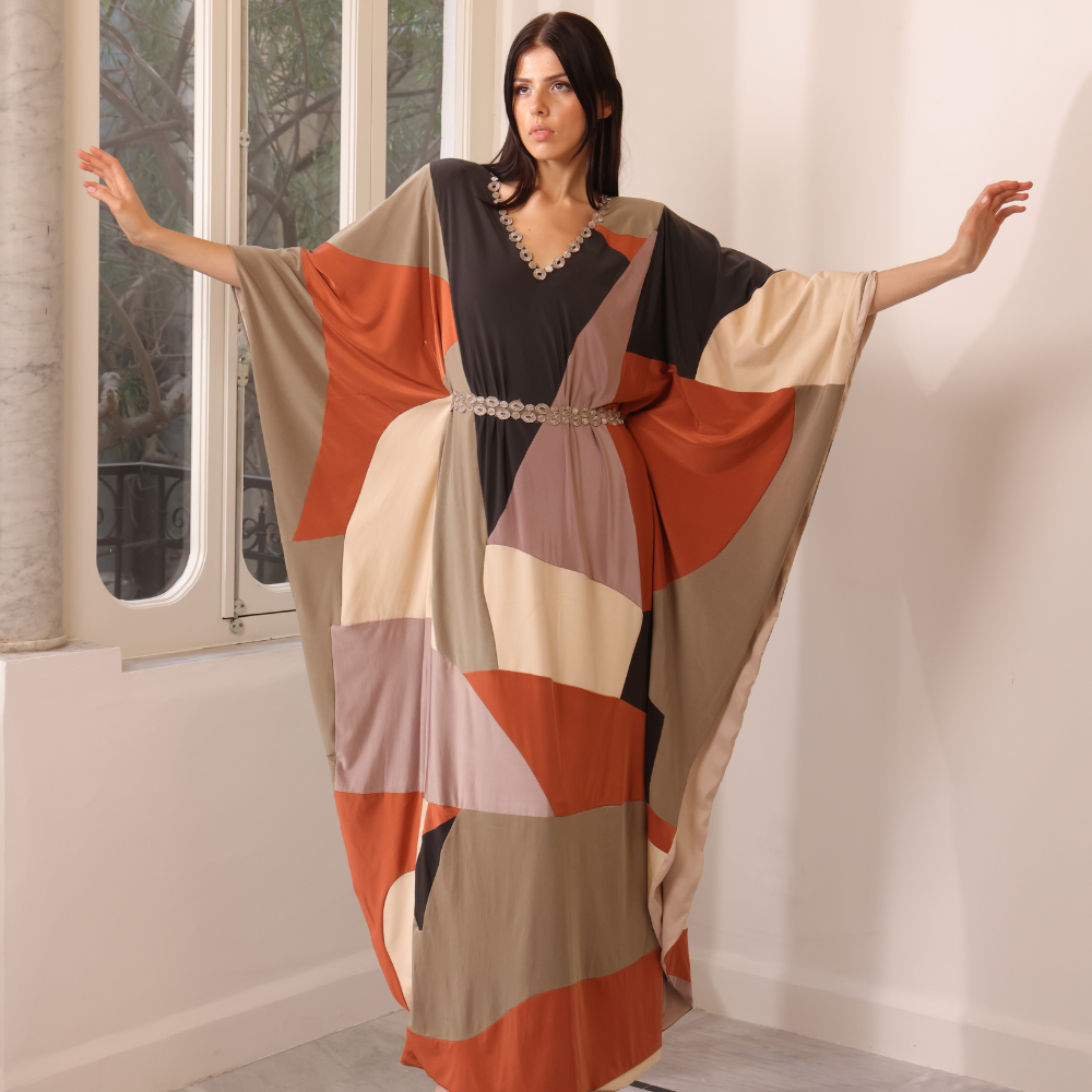 Handmade patchwork silk jersey kaftan dress with gold guipure details