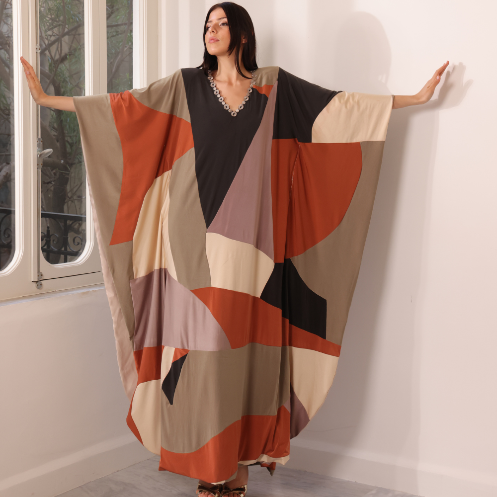 Handmade patchwork silk jersey kaftan dress with gold guipure details