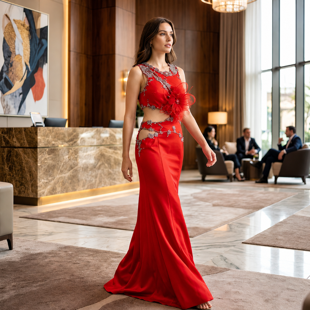 Shop online from our exclusive website. Discover the Harriet vibrant red dress featuring stylish side cut-outs, a sleeveless design, sleek tailoring, and a flattering silhouette for cocktail parties and special occasions.