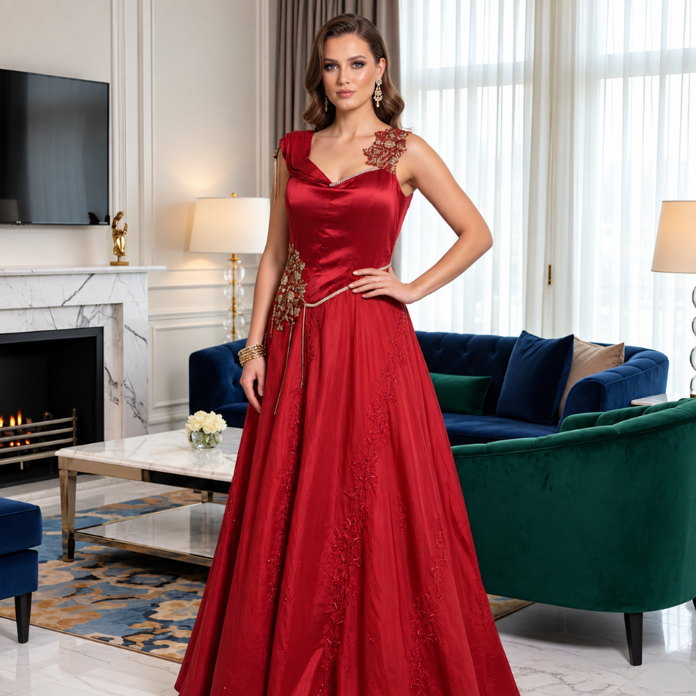 Shop online from our exclusive website. Discover the Hazel red evening gown featuring intricate embellishments, a flattering floor-length silhouette, and timeless elegance for weddings, galas, and special occasions.
