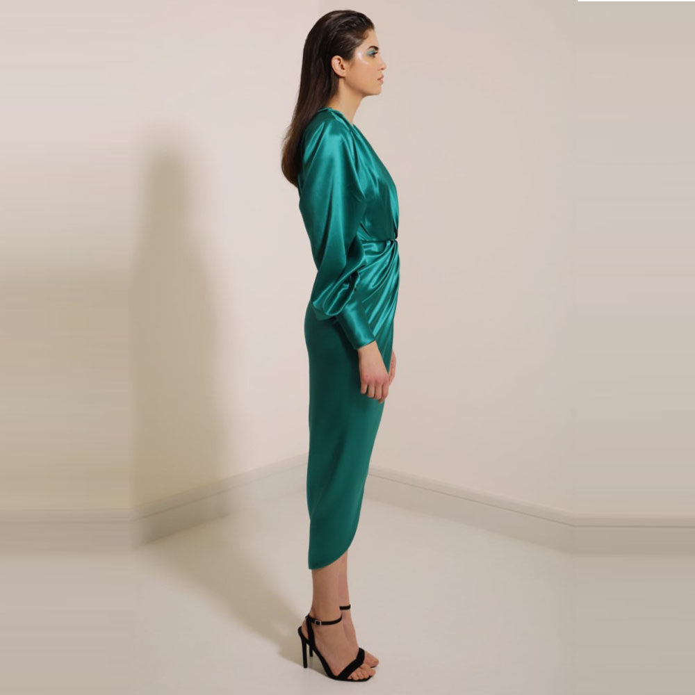 Deep square neckline, draped dress with puff sleeves, and crossover skirt with flattering folds - ankle length -100% silk.