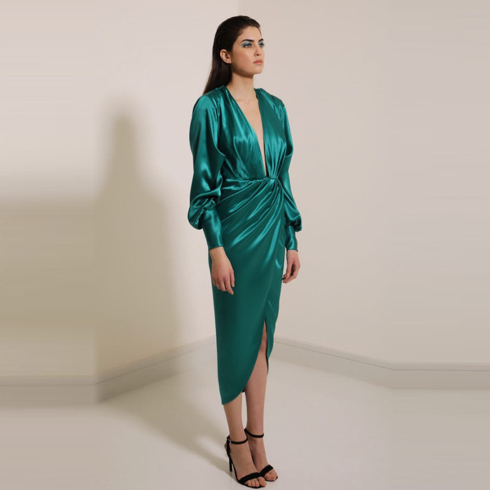 Deep square neckline, draped dress with puff sleeves, and crossover skirt with flattering folds - ankle length -100% silk.