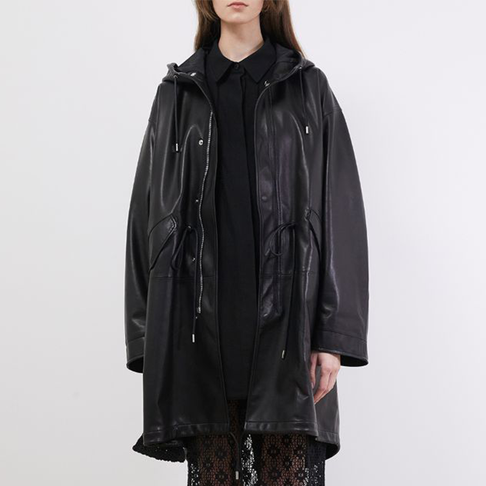 Raw-edged, Round neckline One side handkerchief-hem with patch pocket Adjustable tie belt at waist Relaxed silhouette.