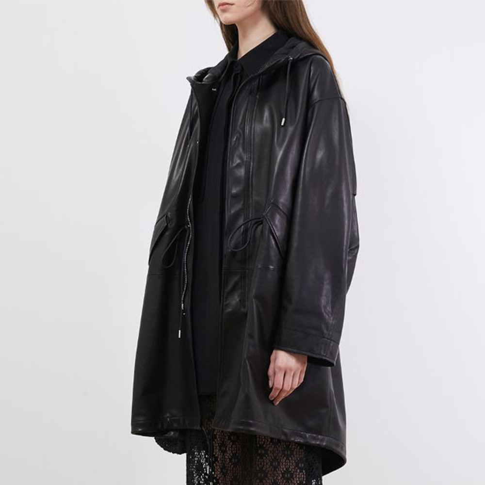 Raw-edged, Round neckline One side handkerchief-hem with patch pocket Adjustable tie belt at waist Relaxed silhouette.