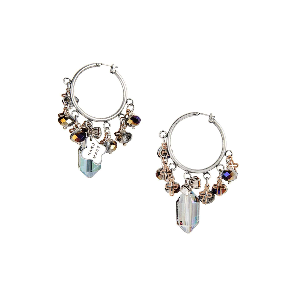 Essential details-hoop earrings made with silver-plated brass and crystals. Hand varnished, hypoallergenic and handmade.