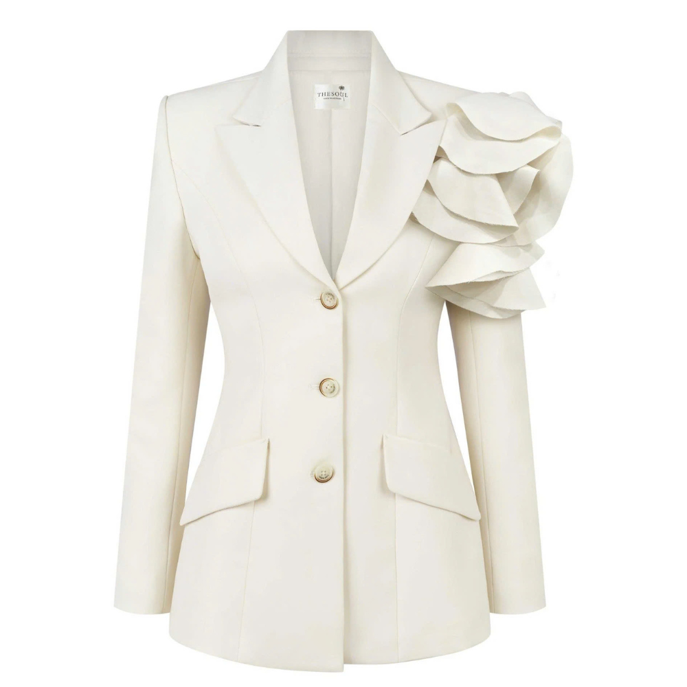 Discover high end clothing with Hori blazer in luxe wool blend ruffles. Shop Now!