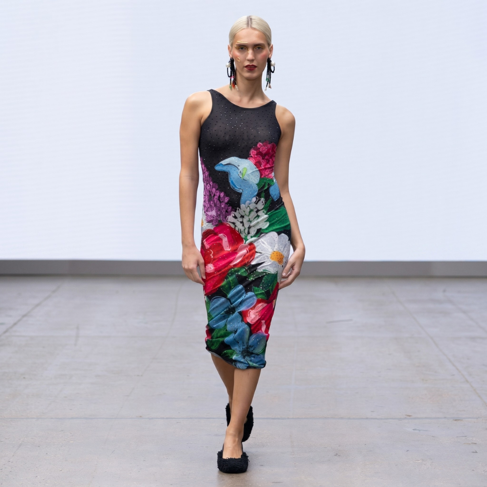 Vibrant floral mesh dress in recycled fabric. Flattering day-to-night fit. Shop premium styles online.