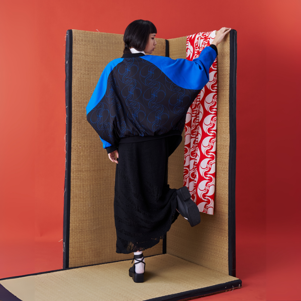 Elegant INF Deconstructed Japanese Kimono-inspired Baseball Jacket for clothing store for women. Shop Now!