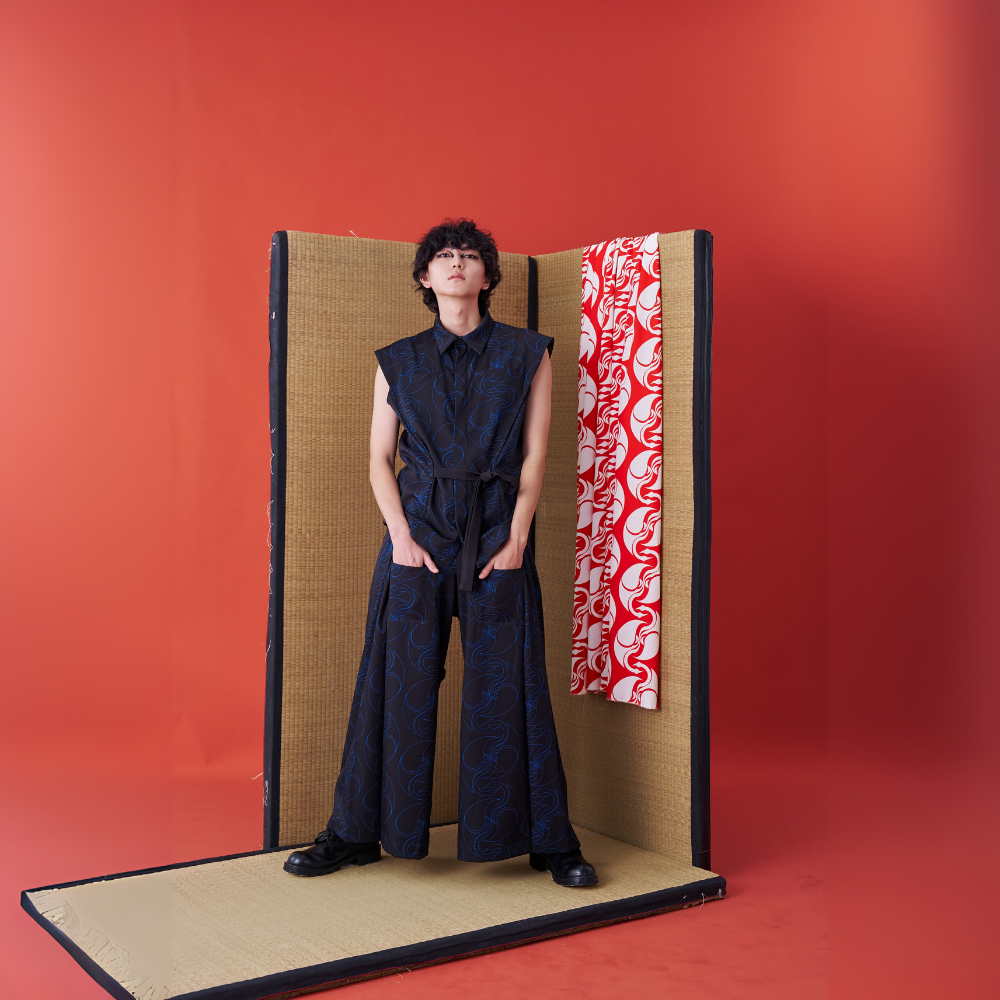 Fashion website brings INF Deconstructed Sleeveless Jinbei Shirt Blue printing Shop Now!