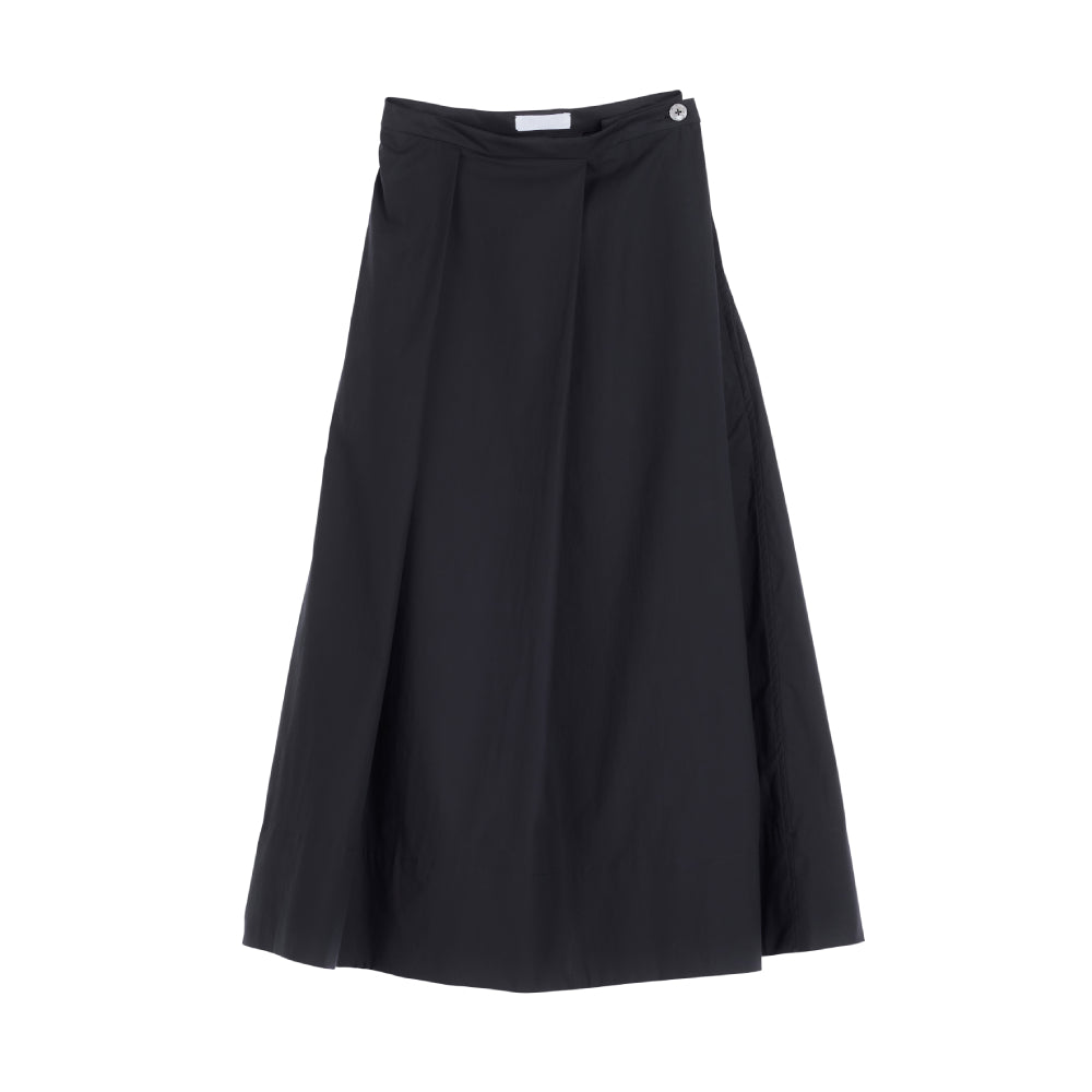 Discover the Ila Skirt at The Luxe Maison, featuring a calf-length silhouette, wide pleats, side pockets, and a narrow waistband with a mother-of-pearl button.