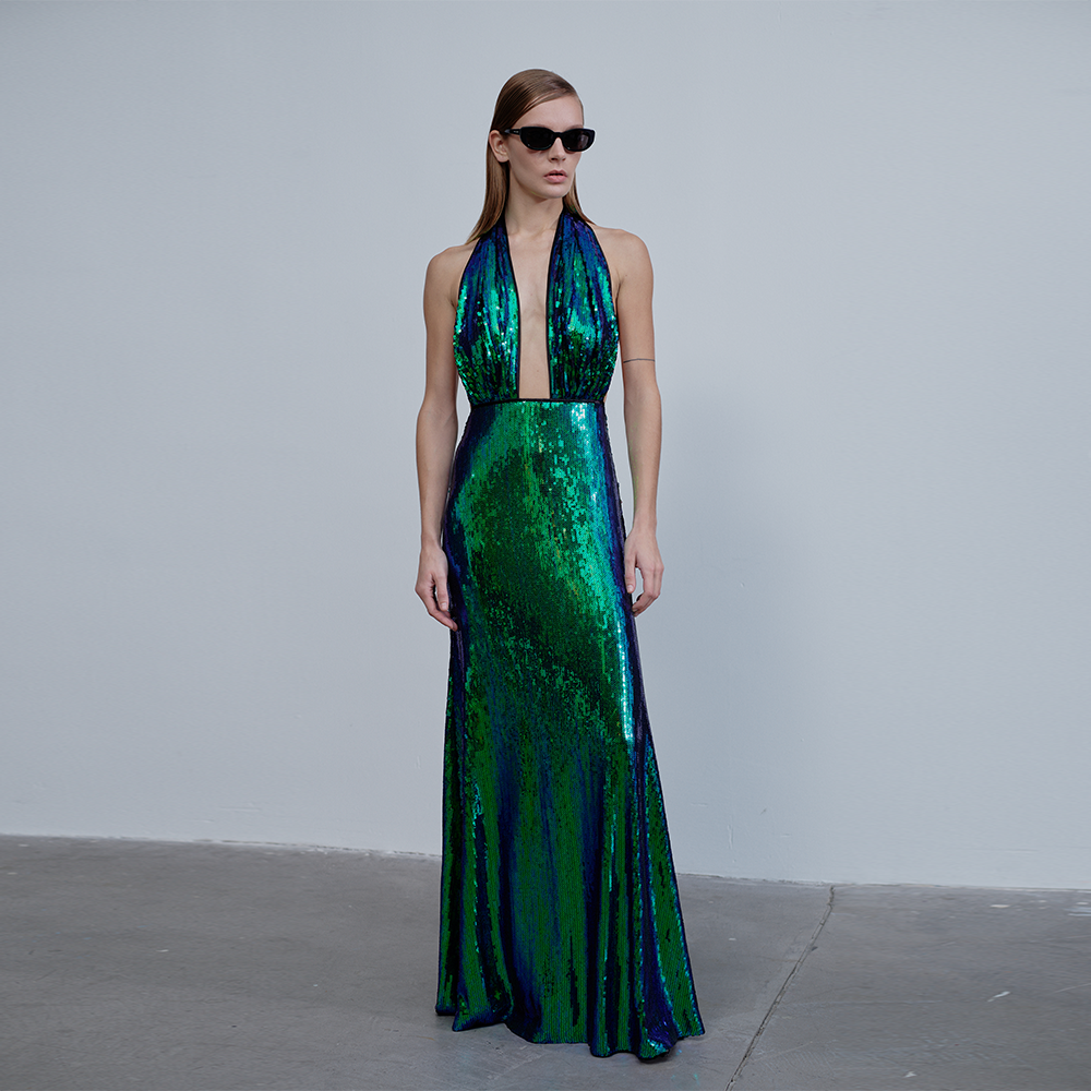 Ines Sequin Long Dress in Océan Bleu