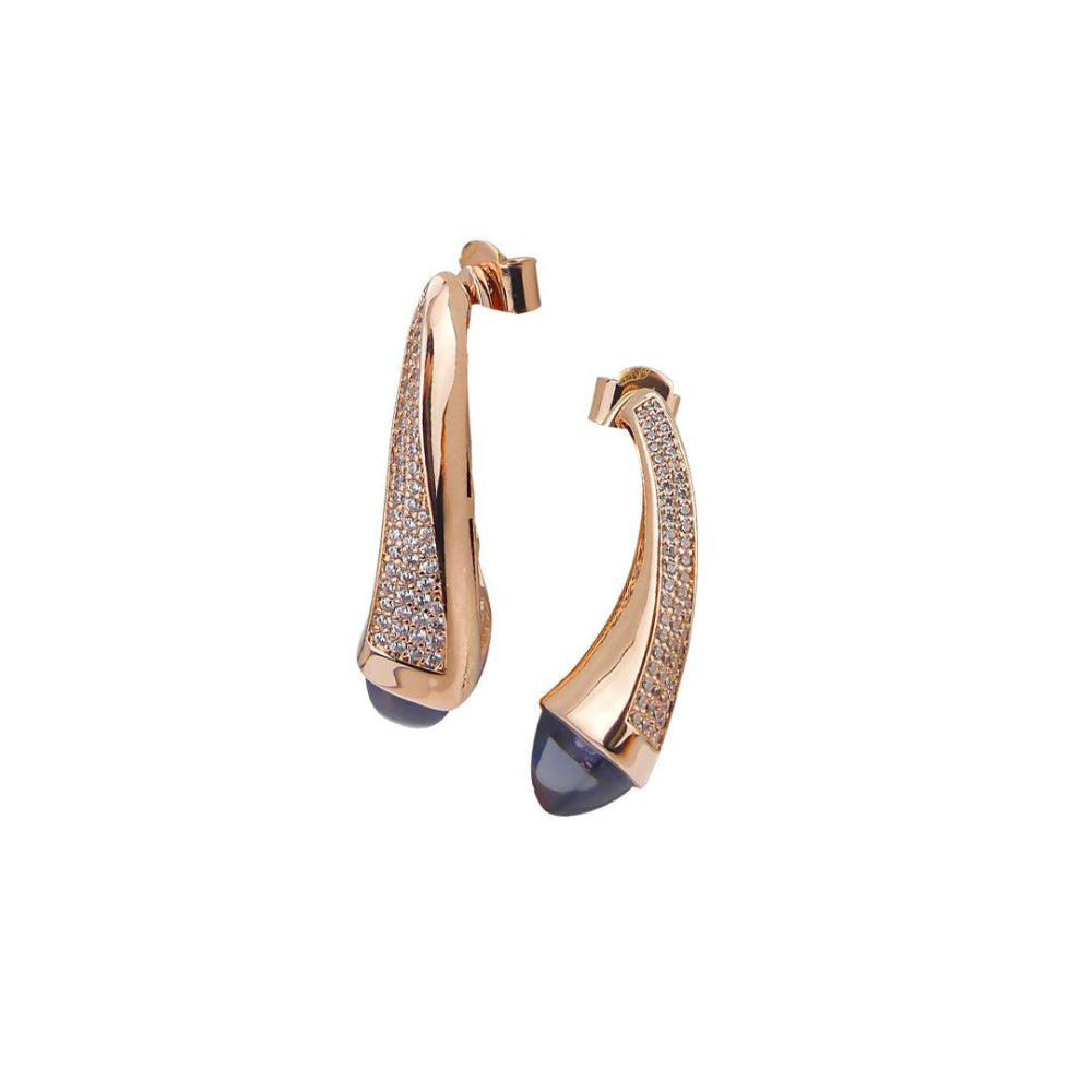 Shop online premium rose gold plated double teardrop earrings with pyramidal crystals and sparkling cubic zirconia accents for elegant styling.