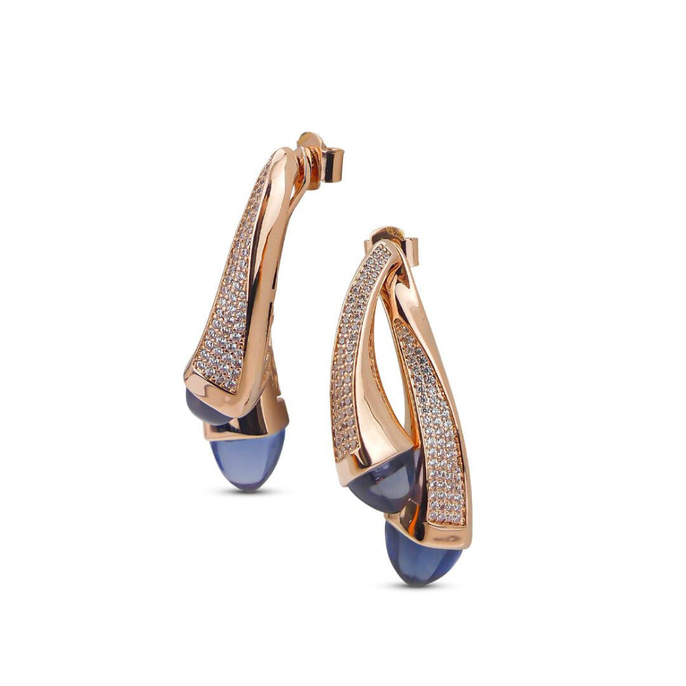 Shop online premium rose gold plated double teardrop earrings with pyramidal crystals and sparkling cubic zirconia accents for elegant styling.