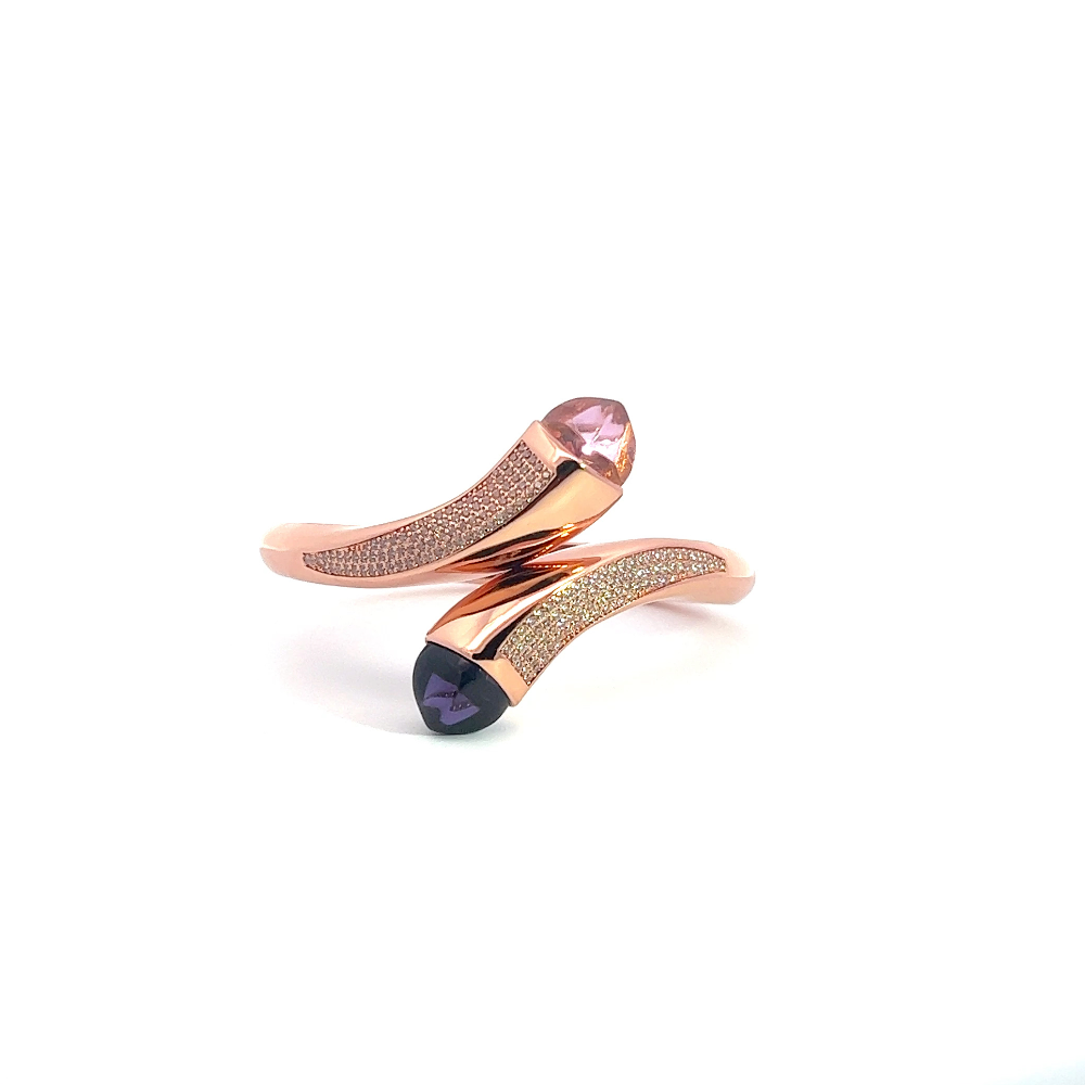 Elegant rose gold plated wrap cuff bracelet with rose quartz, mother of pearl crystals, and pavé cubic zirconia accents. Perfect for luxe everyday styling. Shop premium jewelry online.