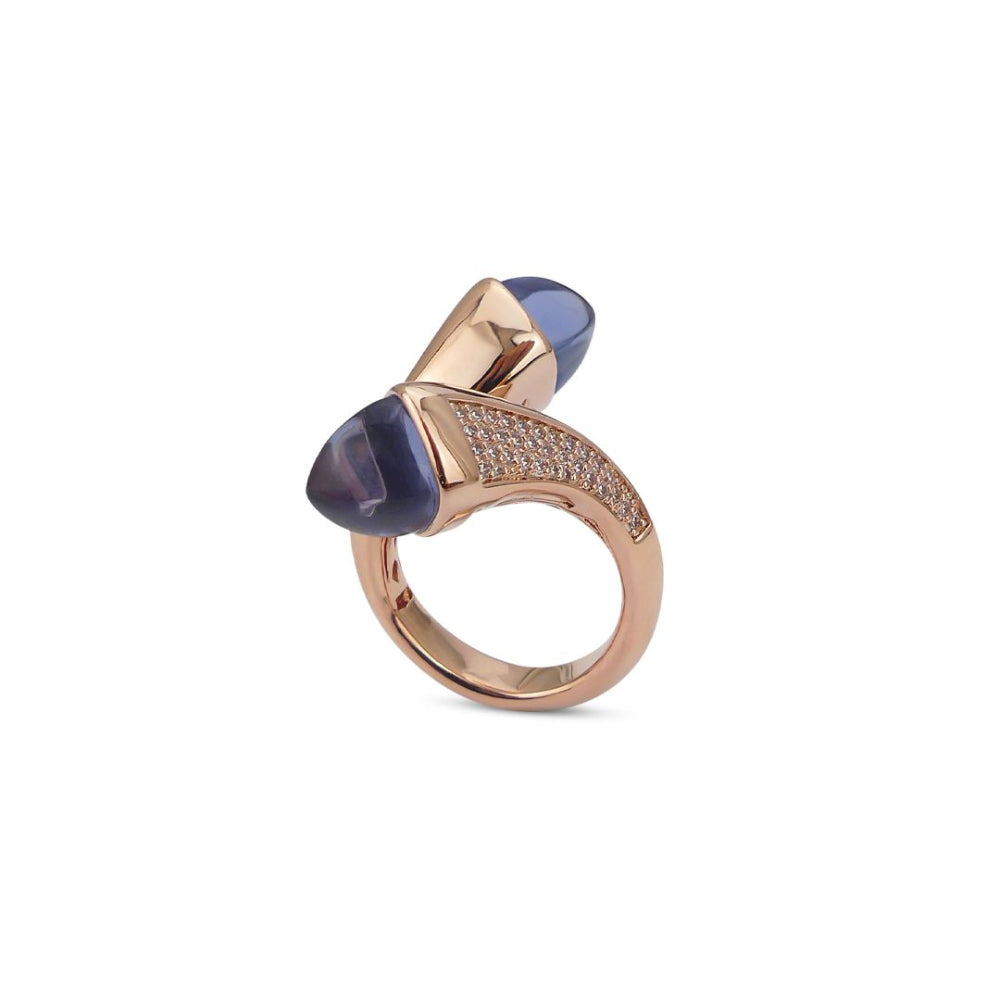 Shop online premium rose gold plated cuff ring with pyramidal crystals & pave CZ stones in bronze.