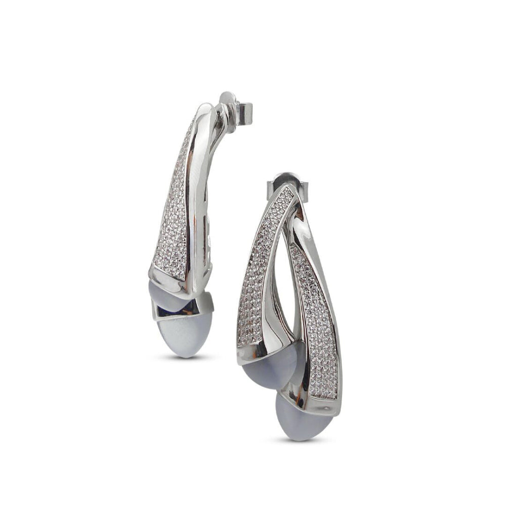 Shop online premium rhodium plated double teardrop earrings with pyramidal crystals and sparkling cubic zirconia accents for elegant modern styling.