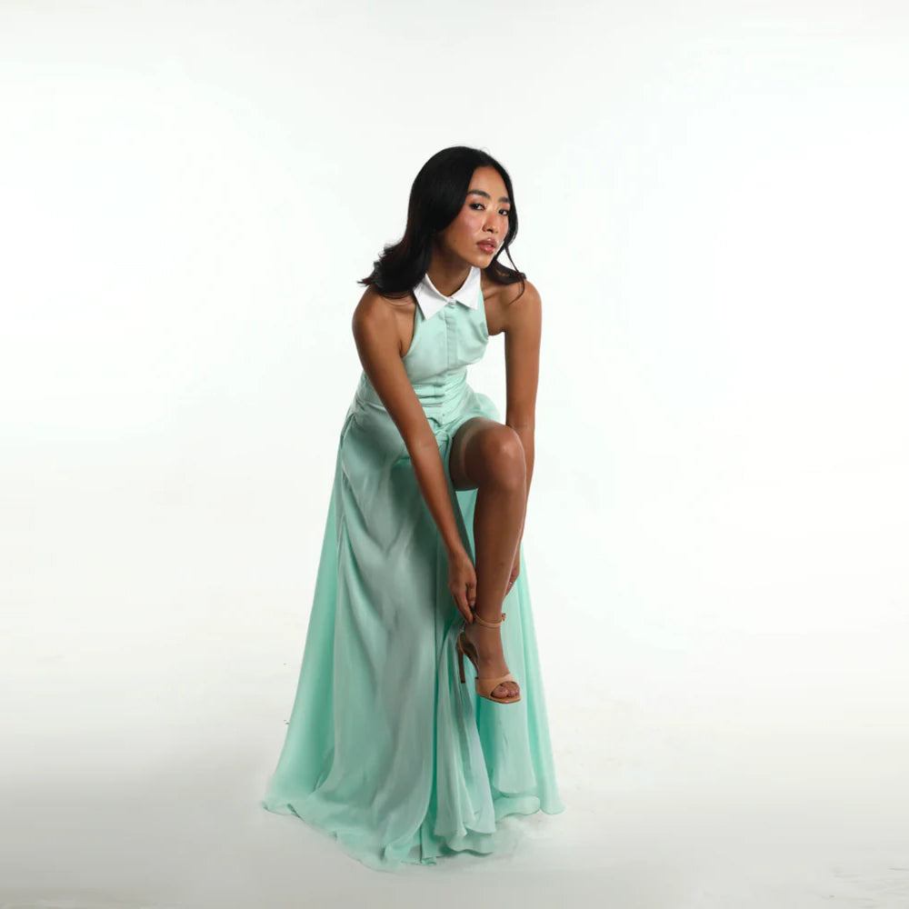 Halter dress with white collar and front slit, perfect for parties and resort wear. Shop online from our curated edit of premium fashion.