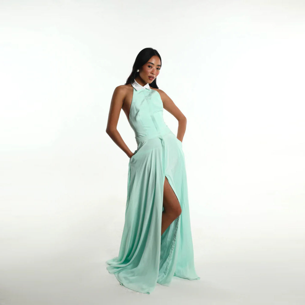 Halter dress with white collar and front slit, perfect for parties and resort wear. Shop online from our curated edit of premium fashion.