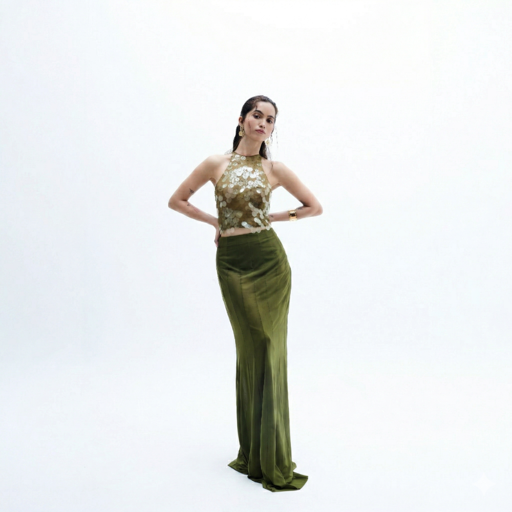 Woman wearing a green dress with a sequined top on a white background