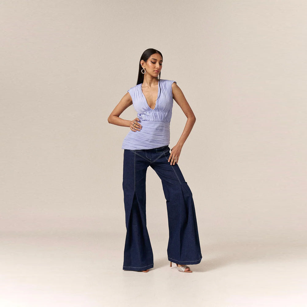 Pleated top with denim set and jeans, perfect for outings and styling. Shop online from our curated edit of premium fashion.
