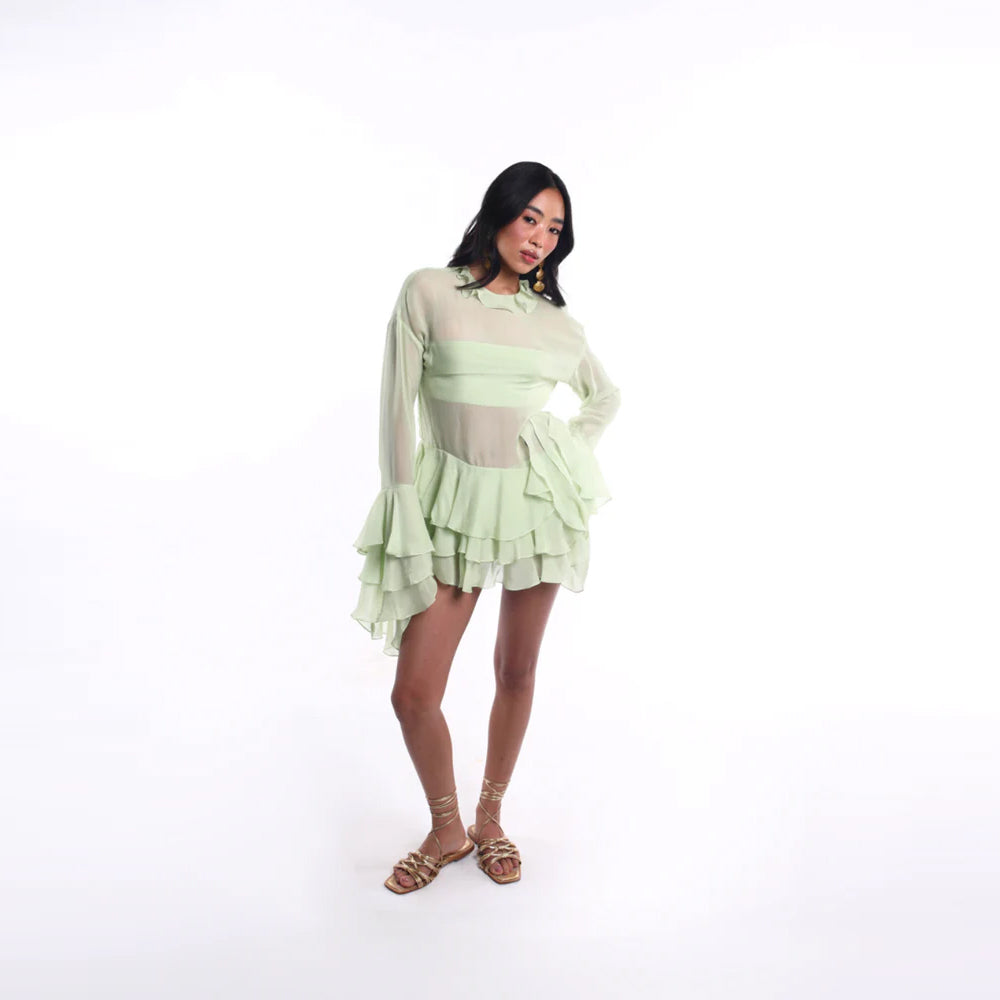 Mint green sheer dress with ruffled sleeves and tiered hem, perfect for events. Shop online from our curated edit of premium fashion.