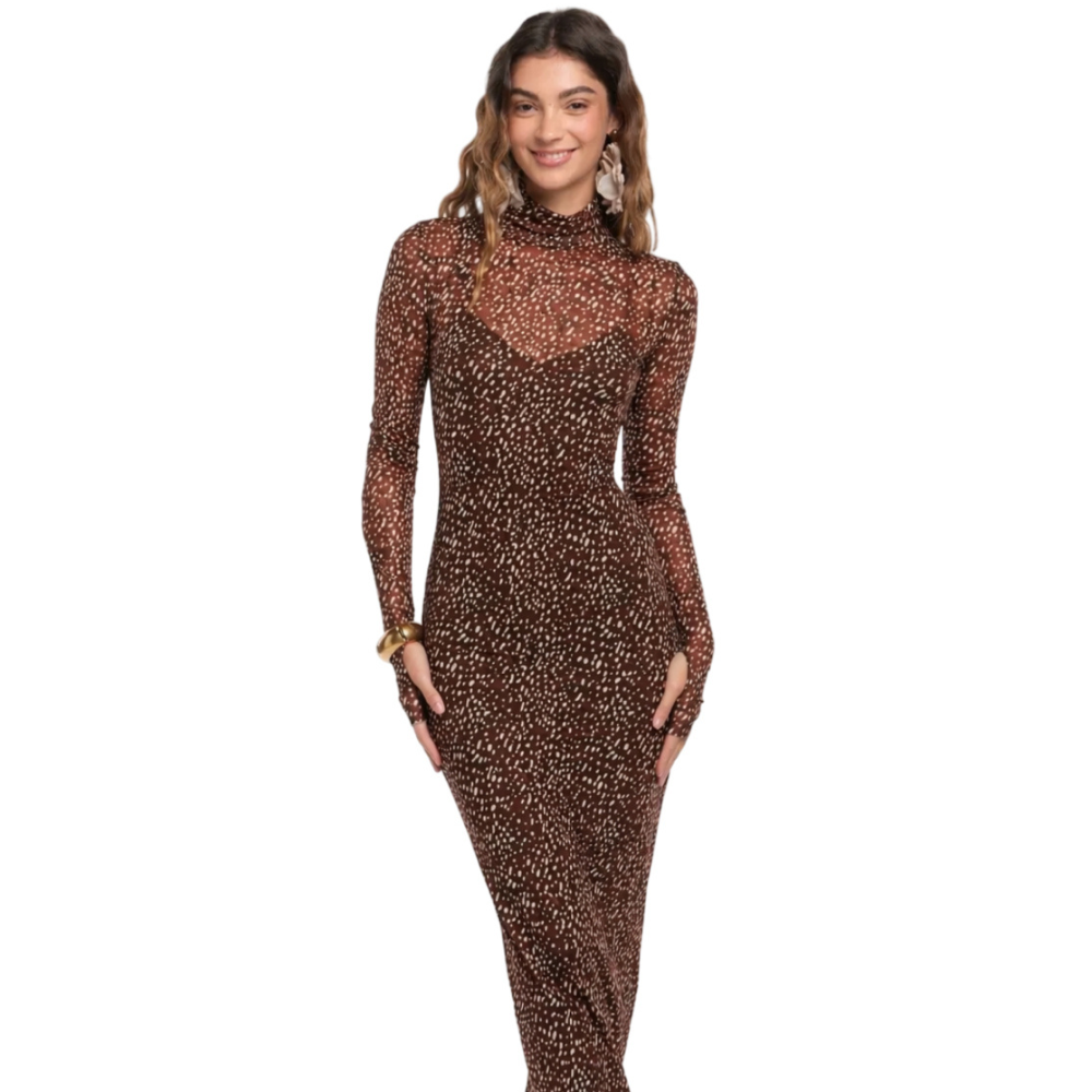 Shop the Jules Deer Dark Brown Dress at TLM, featuring a fitted silhouette, mesh detailing and long sleeves. Explore luxury fashion on The Luxe Maison website.
