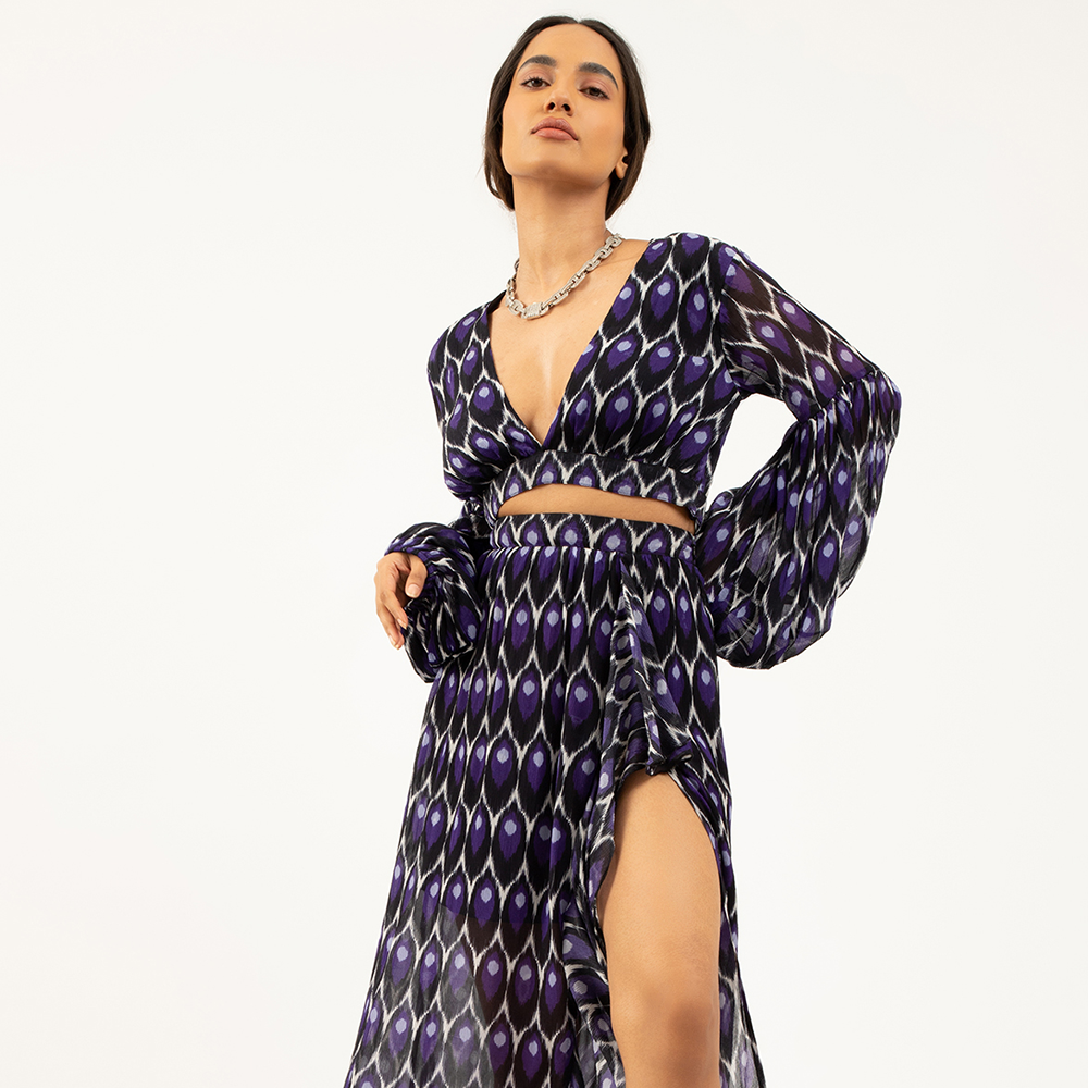 Shop our printed two-piece skirt set in purple exclusively at The Luxe Maison. It is a perfect fit for everyday wear & loungewear for women. Shop now!