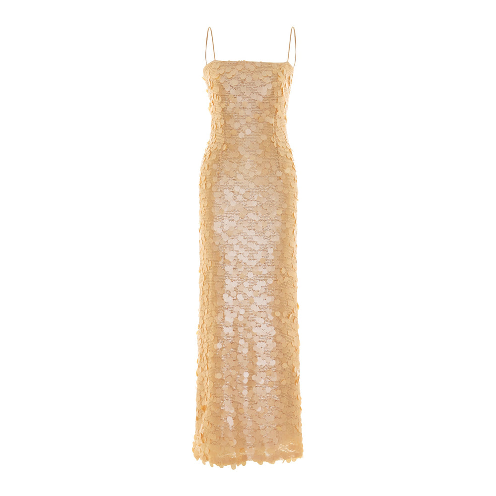 Shop online from our exclusive website and discover the Karya Dress by Nana Gotti, a gold sequin slip dress with delicate lace, slim straps, and an elegant floor-length silhouette.