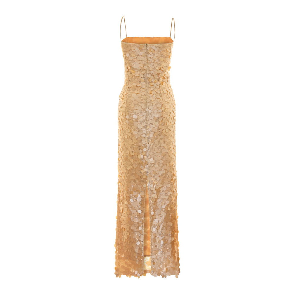 Shop online from our exclusive website and discover the Karya Dress by Nana Gotti, a gold sequin slip dress with delicate lace, slim straps, and an elegant floor-length silhouette.