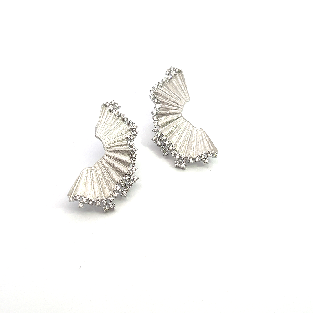 Shop online premium sterling silver fan stud earrings with sparkling CZ stone detailing.