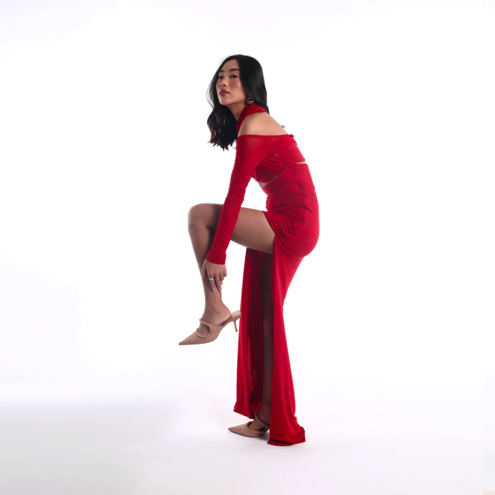 Crimson cut out dress in stretch jersey, perfect for parties and nights out. Shop online from our curated edit of premium fashion.