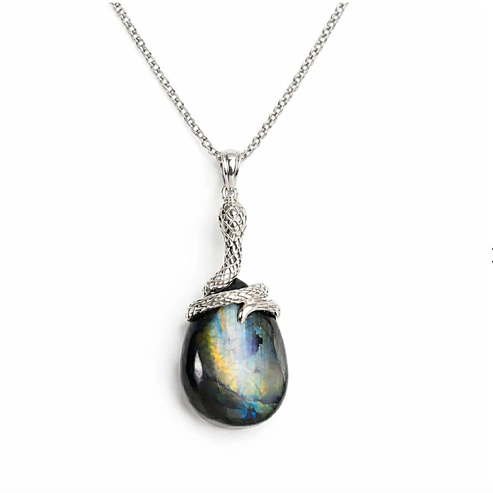 Discover the Kundalini Snake Labradorite Necklace at The Luxe Maison, featuring a coiled serpent design and mesmerizing labradorite in gold vermeil.