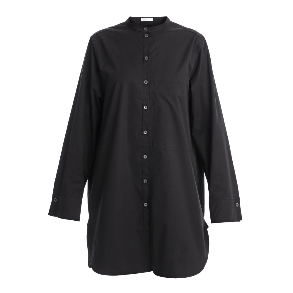 Discover the Kurta Shirt at The Luxe Maison, featuring an oversized fit, stand-up collar, statement pockets, and wide cuffs with mother-of-pearl cufflinks.