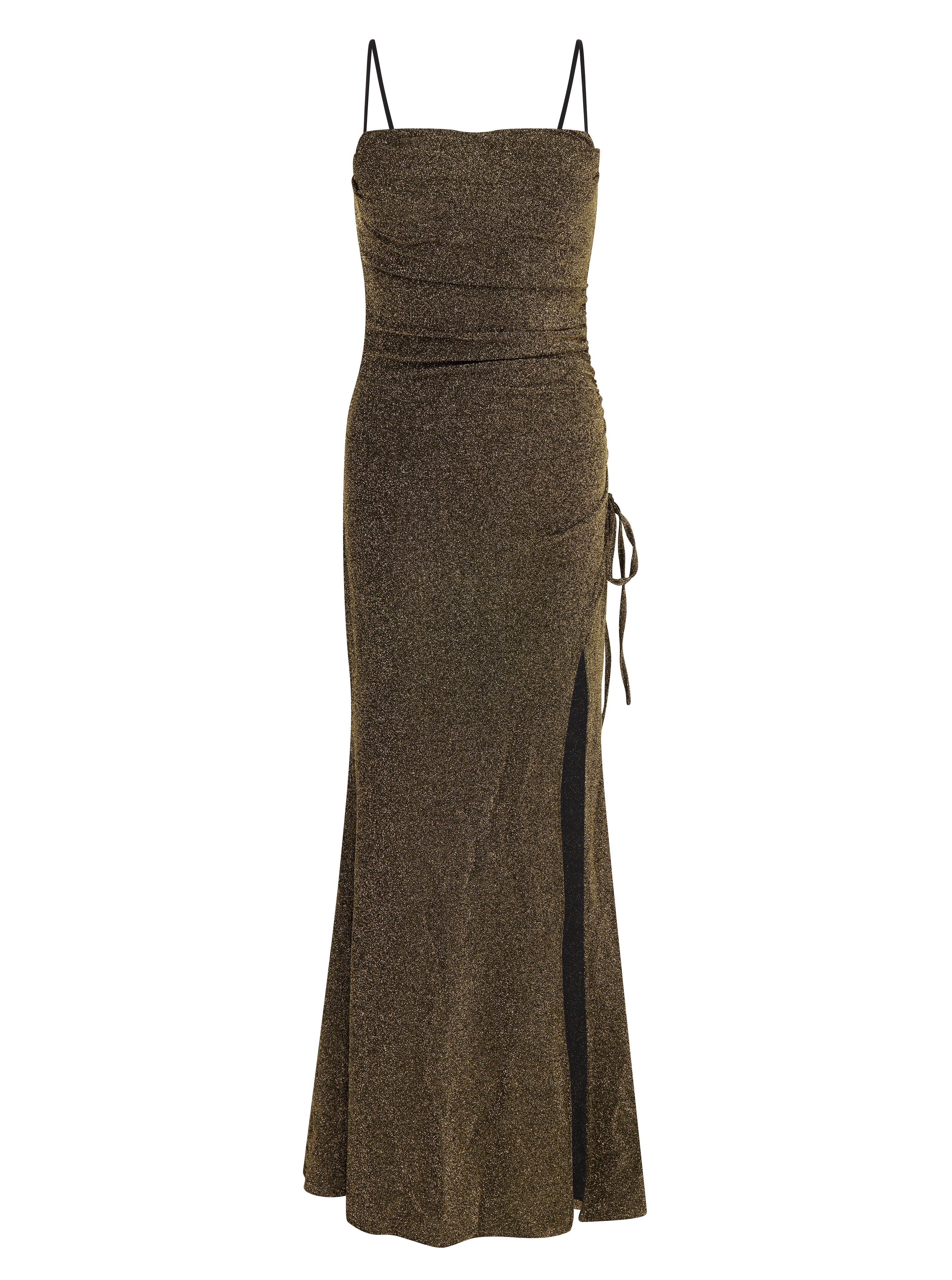 Women's Maxi Dress in Gold with Sleeveless Design and Thigh-High Split - Liquorish