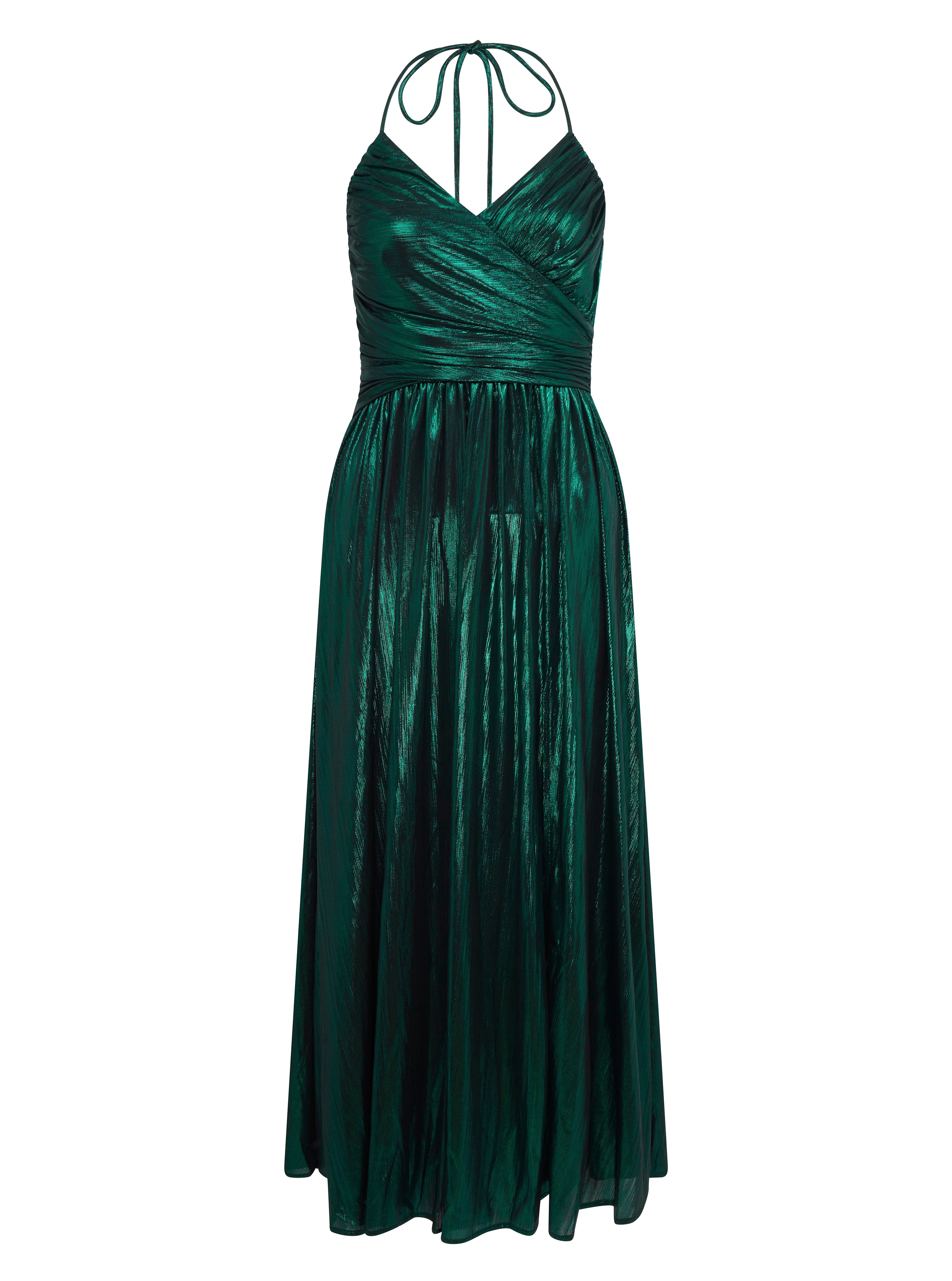 Women's Maxi Dress with Strapless Design, Side Slit, Open Back, and Green Foil Print by Liquorish