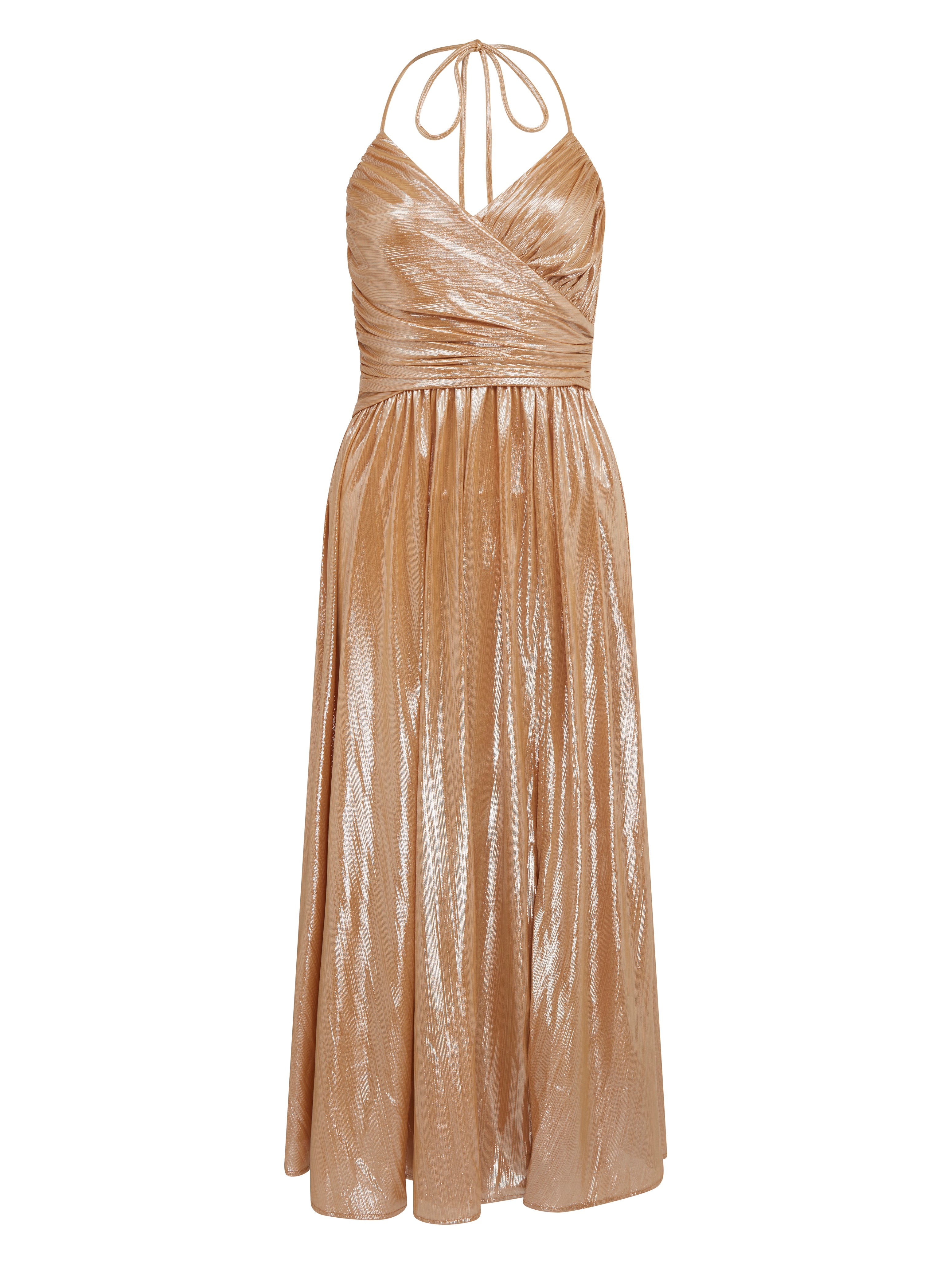 Women's Maxi Dress with Strapless Design, Gold Foil Print, Side Slit, and Open Back - Liquorish